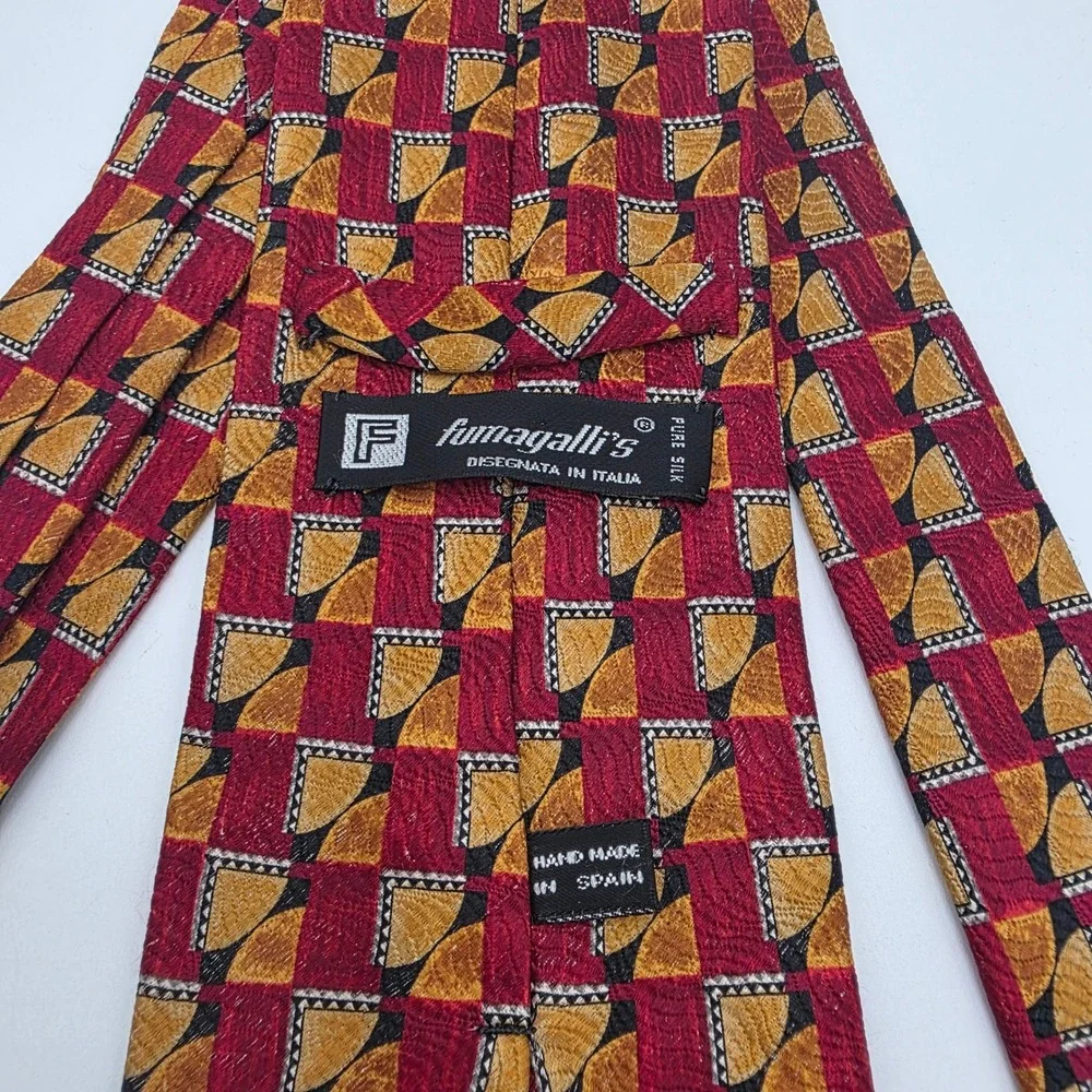 Fumagalli's Men's Vintage Silk Tie Red Gold Geometric Made in Spain